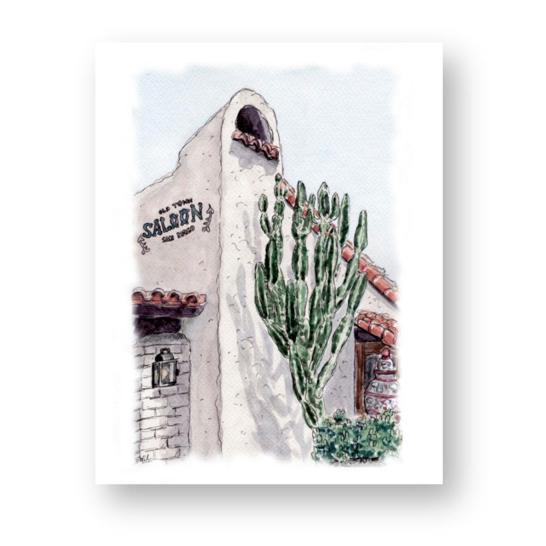 Watercolor print of the Old Town Saloon in San Diego, featuring traditional Southwestern architecture with white stucco walls, a large cactus, and red-tiled roofs. Charming wall art capturing the essence of Old Town San Diego, perfect for Southwestern or rustic decor enthusiasts