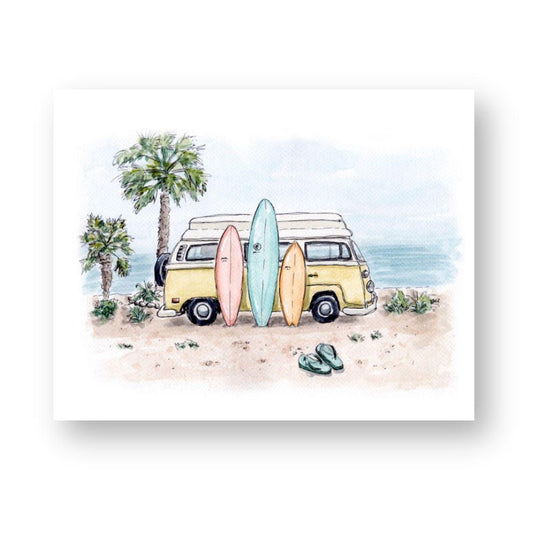 Watercolor print of a yellow vintage van with three surfboards on the beach, palm trees in the background, and ocean view. Perfect for surf and beach lovers. Ideal beach decor art.