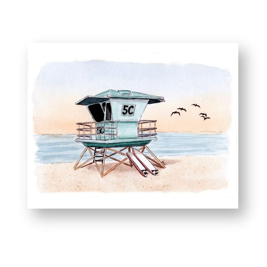 Handmade watercolor and ink print of a lifeguard tower in Southern California at sunset, with two surfboards leaning against the tower, perfect for coastal decor lovers. Swil Arts original